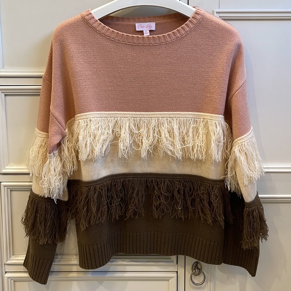 Pink Lily Color Block Pink Brown Cream Tassel Cropped Sweater Size Small EUC - Picture 1 of 3